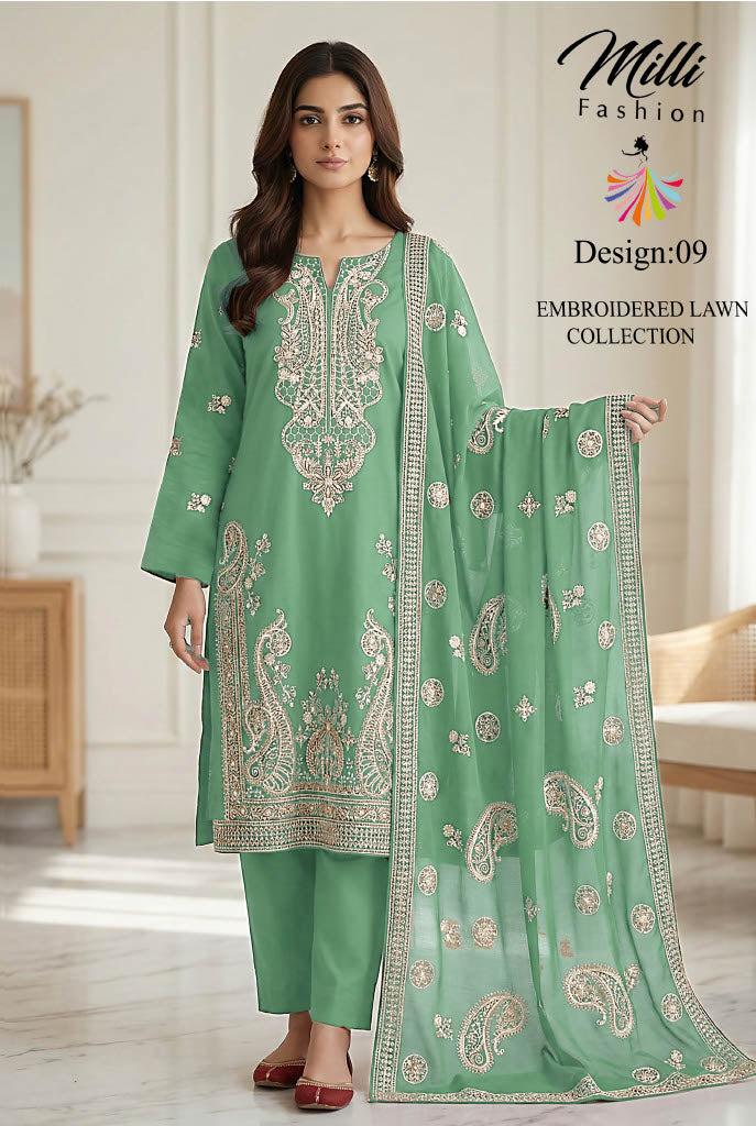Milli Fashion Embroidered Lawn Collection – Premium 3 Piece Suit