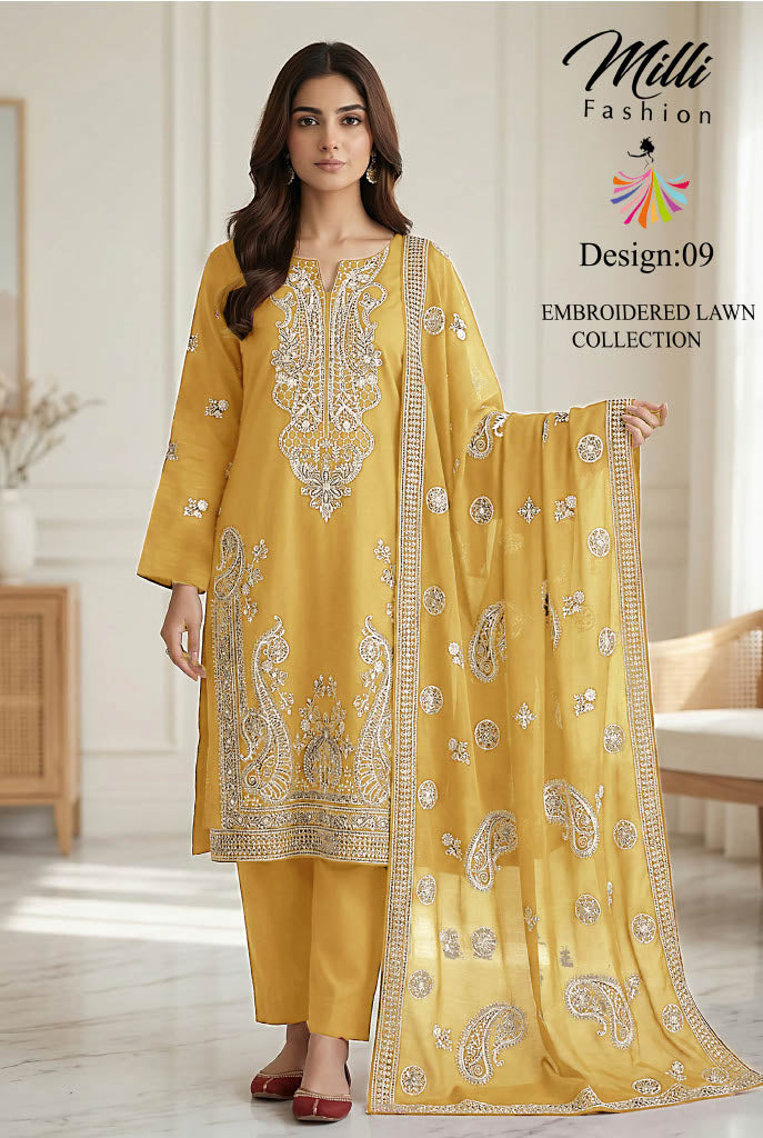 Milli Fashion Embroidered Lawn Collection – Premium 3 Piece Suit