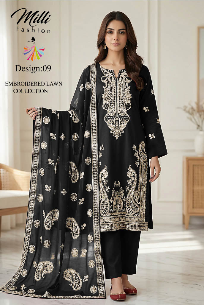 Milli Fashion Embroidered Lawn Collection – Premium 3 Piece Suit