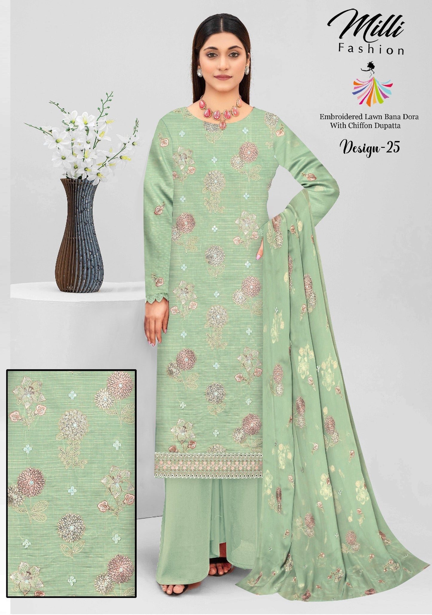 Milli Fashion Embroidered Lawn Bana Dora Suit with Chiffon Dupatta