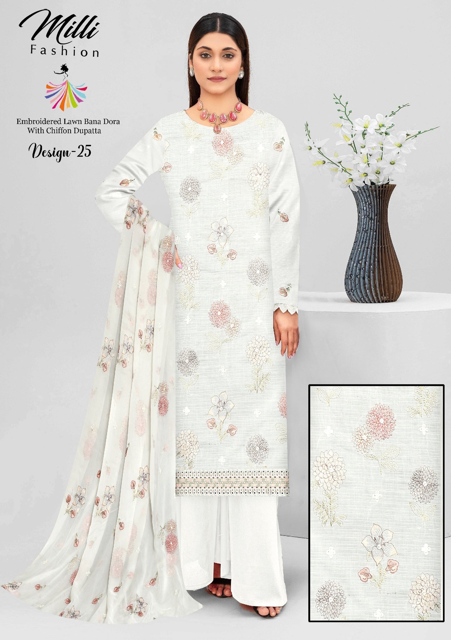 Milli Fashion Embroidered Lawn Bana Dora Suit with Chiffon Dupatta