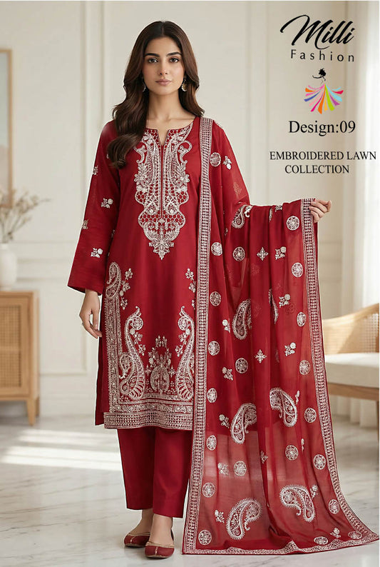 Milli Fashion Embroidered Lawn Collection – Premium 3 Piece Suit