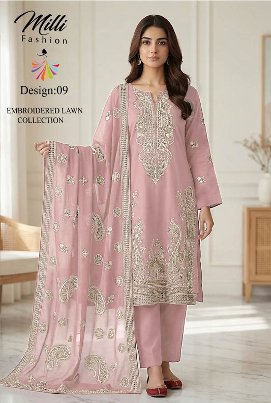 Milli Fashion Embroidered Lawn Collection – Premium 3 Piece Suit