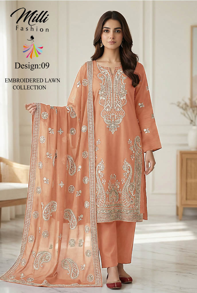 Milli Fashion Embroidered Lawn Collection – Premium 3 Piece Suit