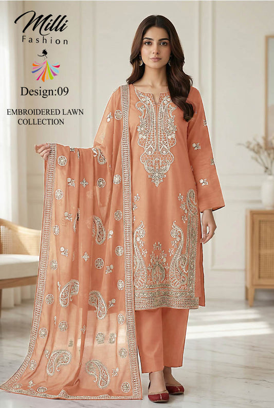 Milli Fashion Embroidered Lawn Collection – Premium 3 Piece Suit