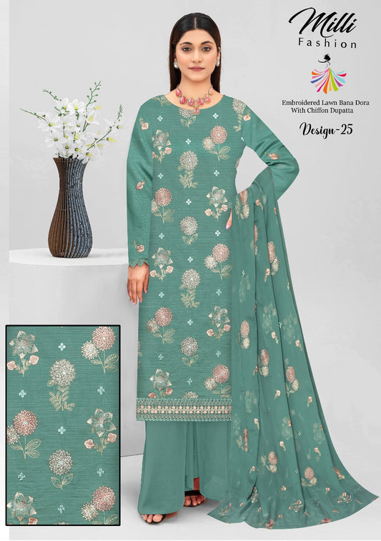 Milli Fashion Embroidered Lawn Bana Dora Suit with Chiffon Dupatta