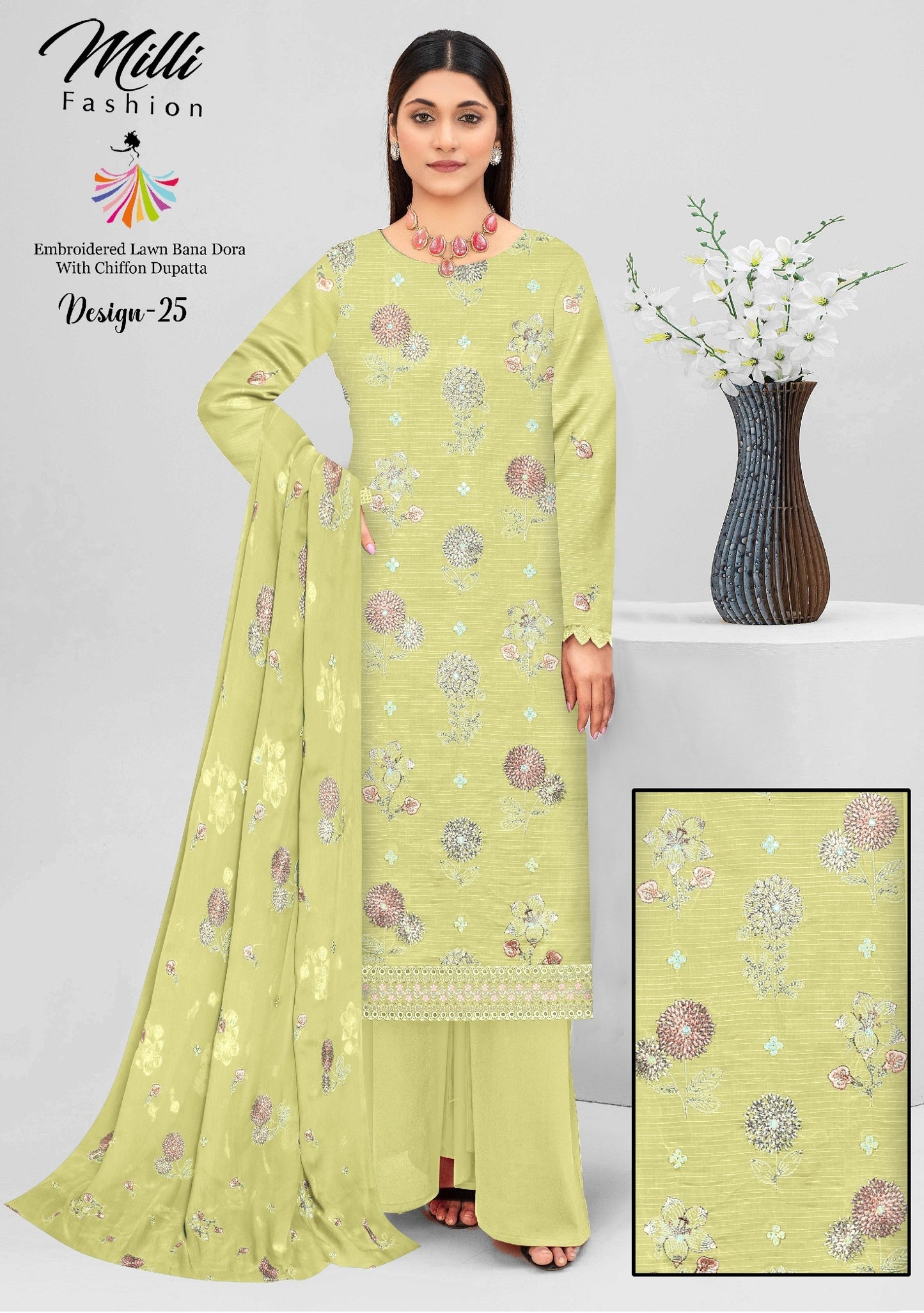 Milli Fashion Embroidered Lawn Bana Dora Suit with Chiffon Dupatta