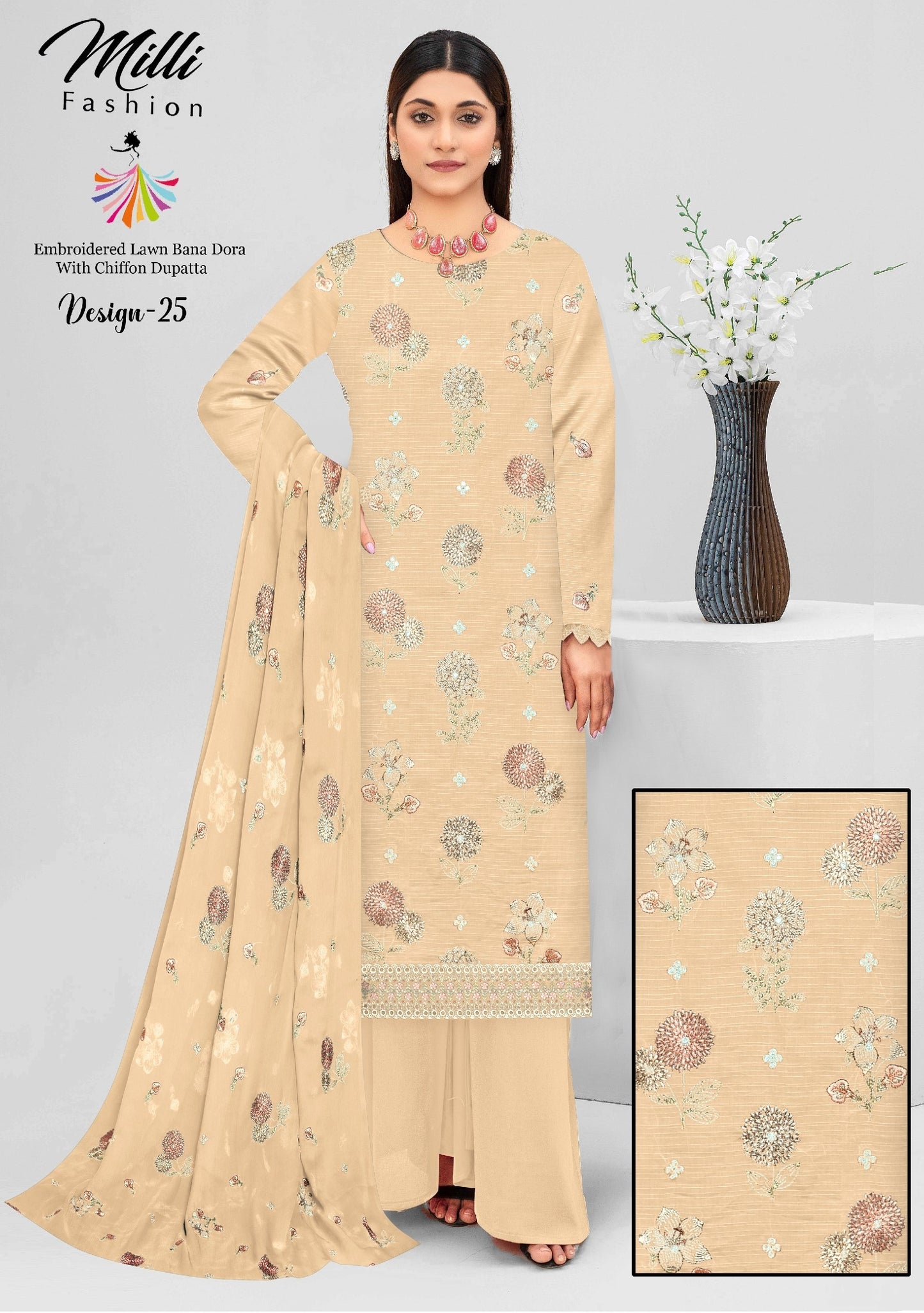 Milli Fashion Embroidered Lawn Bana Dora Suit with Chiffon Dupatta