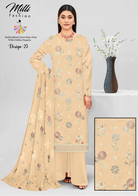 Milli Fashion Embroidered Lawn Bana Dora Suit with Chiffon Dupatta
