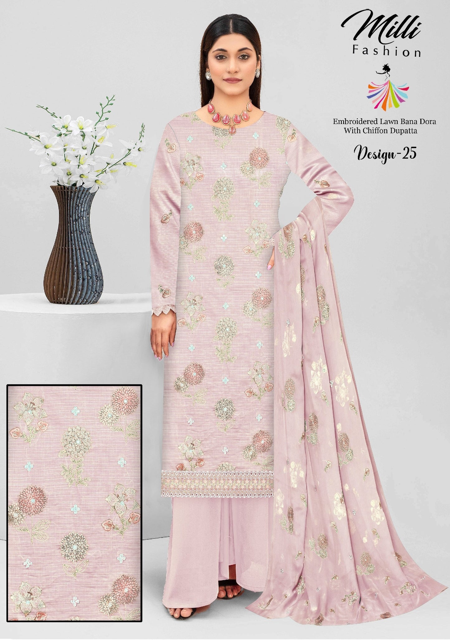 Milli Fashion Embroidered Lawn Bana Dora Suit with Chiffon Dupatta