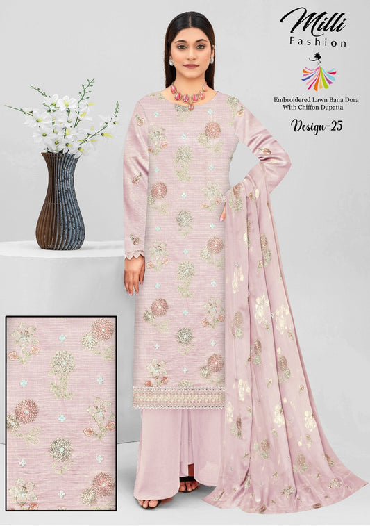 Milli Fashion Embroidered Lawn Bana Dora Suit with Chiffon Dupatta