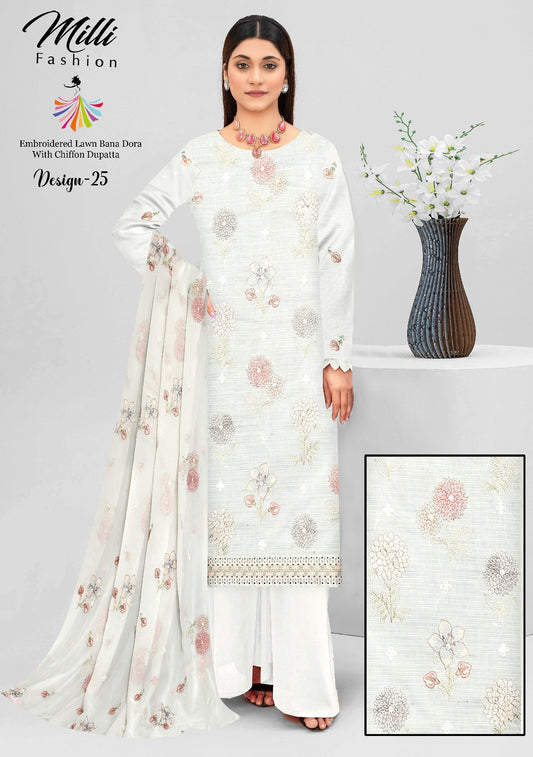 Milli Fashion Embroidered Lawn Bana Dora Suit with Chiffon Dupatta