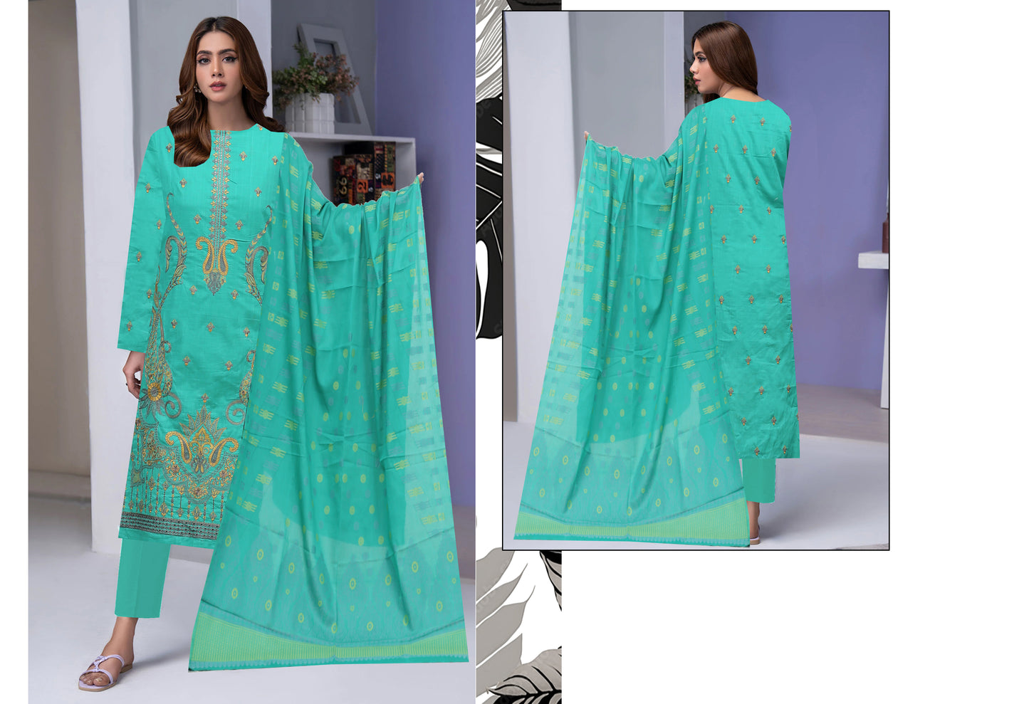 Mehmood Arts Cross Slub Lawn Embroidered Suit – Baroshia Multi Dupatta & Plain Trouser