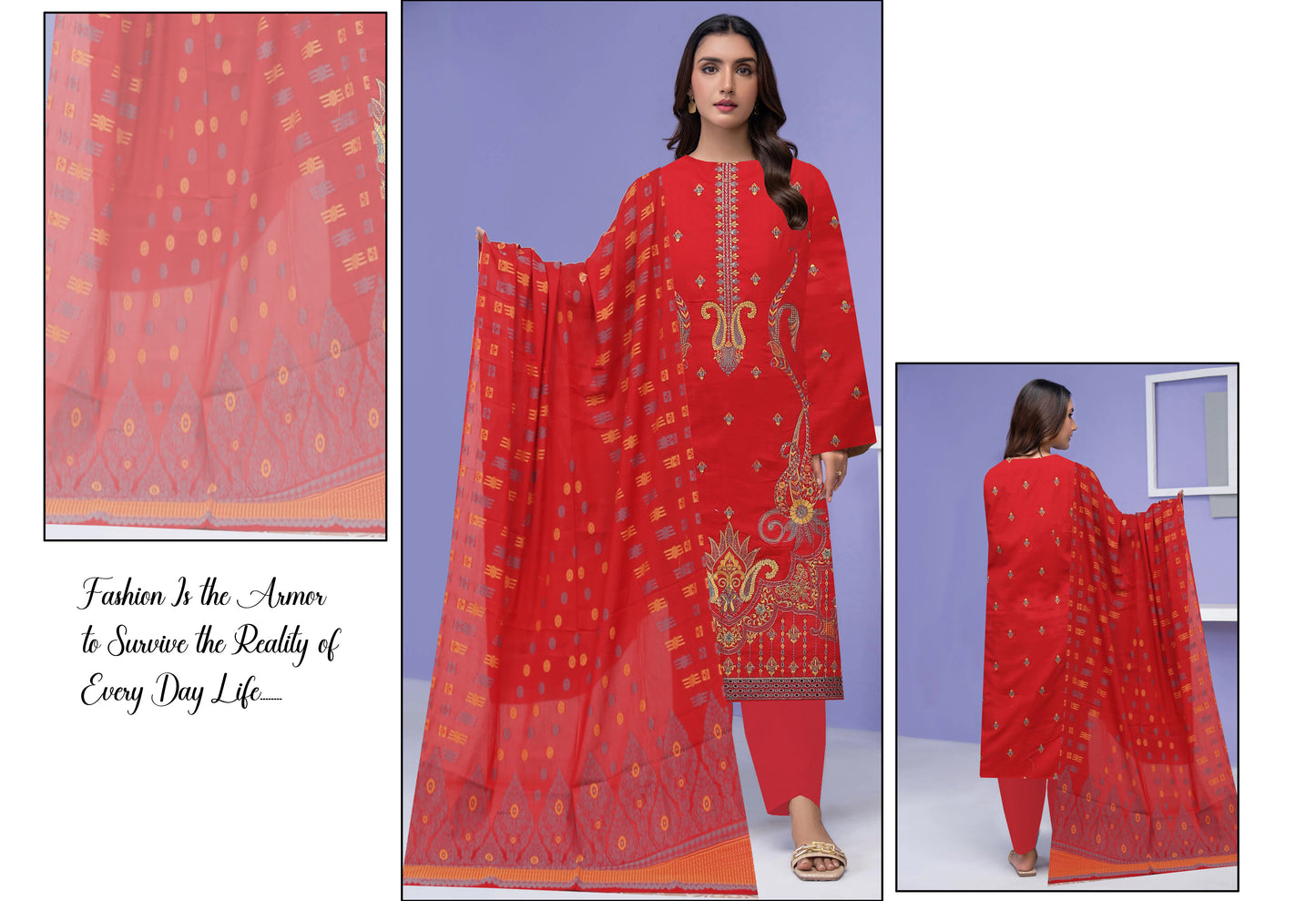 Mehmood Arts Cross Slub Lawn Embroidered Suit – Baroshia Multi Dupatta & Plain Trouser