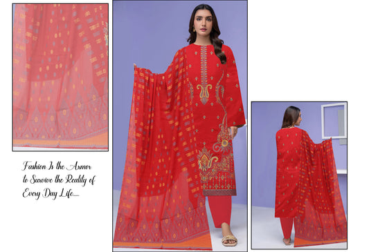 Mehmood Arts Cross Slub Lawn Embroidered Suit – Baroshia Multi Dupatta & Plain Trouser