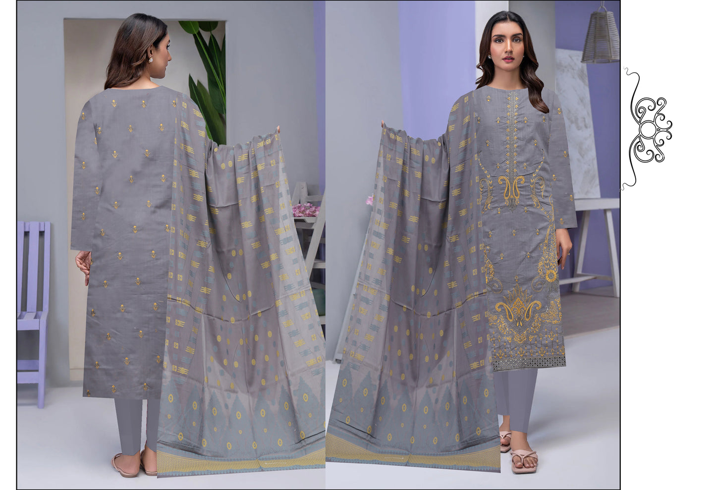 Mehmood Arts Cross Slub Lawn Embroidered Suit – Baroshia Multi Dupatta & Plain Trouser